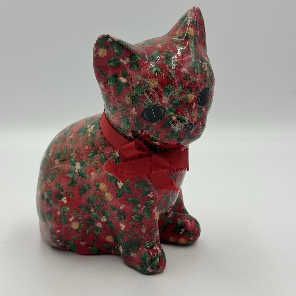 vtg floral cat figurine decoupage fabric Sitting cat statue gorgeous home decor